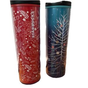 2 Starbucks 2018 Christmas Slimline Tumblers Red- Animals/Holly Green Ombre Tree